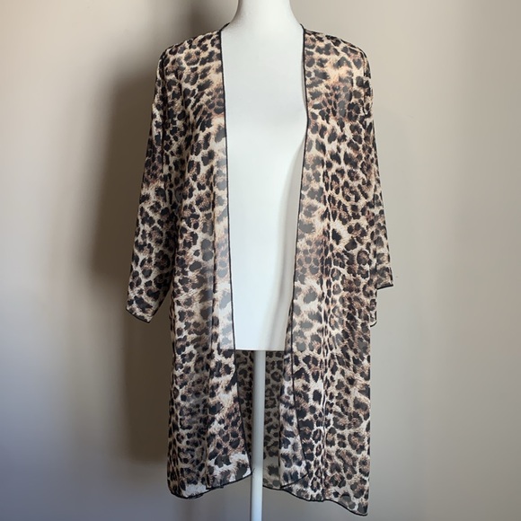 Leopard Cheetah Kimono Cardigan Sheer Womens Large Shawl 3/4 Sleeve Black - Picture 1 of 6